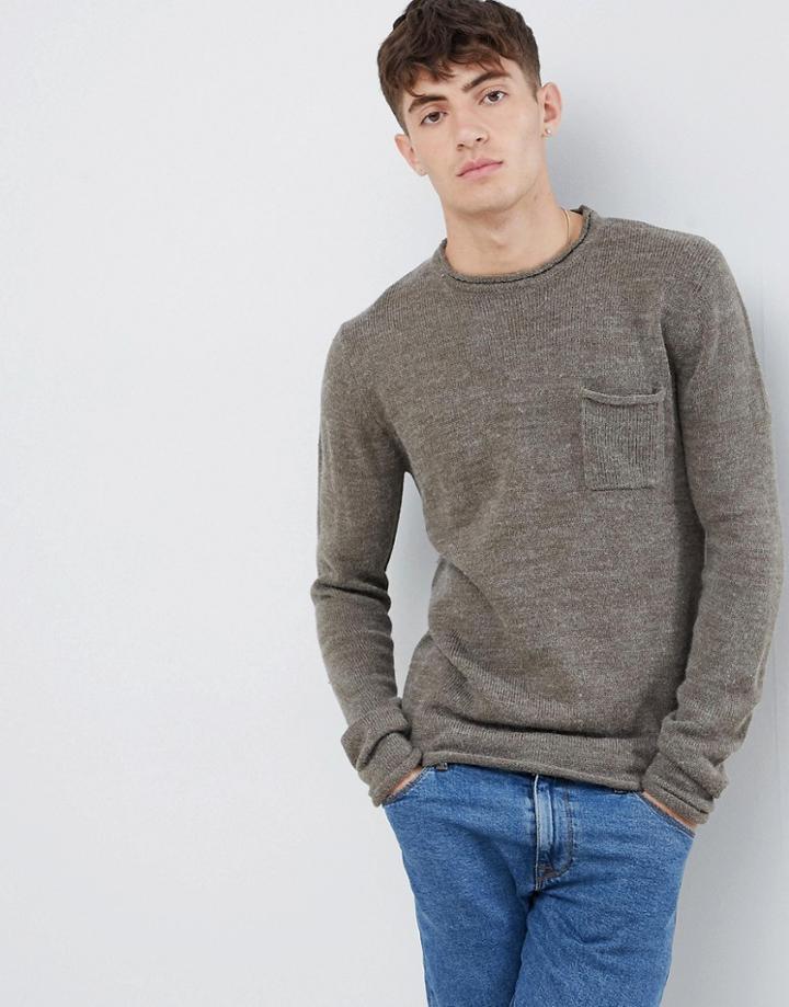 Solid Melange Jumper With Chest Pocket In Green - Green