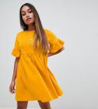Asos Design Petite Cotton Slubby Frill Sleeve Smock Dress - Yellow