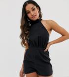 Asos Design Petite Denim Halterneck Romper In Washed Black - Black
