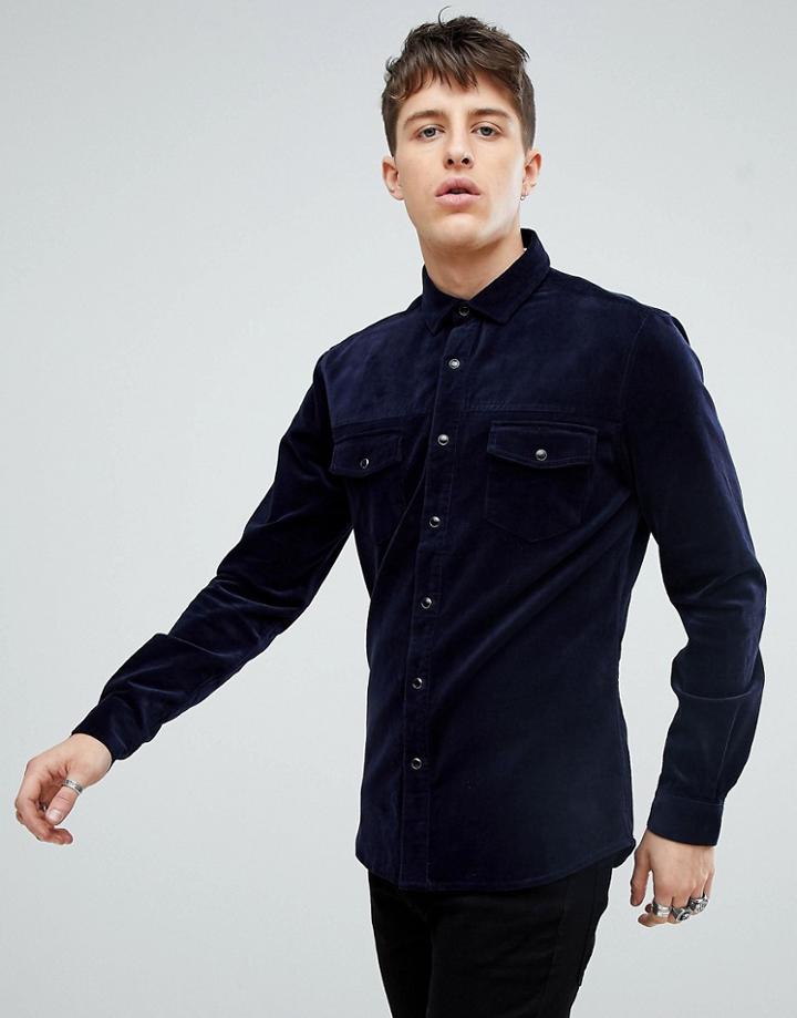 Asos Slim Cord Western Shirt - Navy
