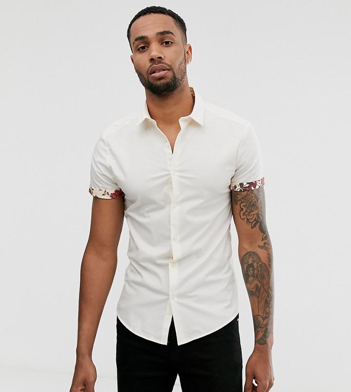 Asos Design Tall Skinny Fit Ecru Shirt With Floral Turn Up Sleeves - Cream