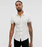 Asos Design Tall Skinny Fit Ecru Shirt With Floral Turn Up Sleeves - Cream