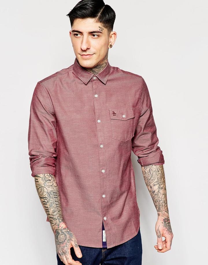 Original Penguin Nep Herringbone Chambray Long Sleeved Shirt - Red