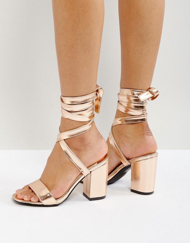 Park Lane Tie Ankle Block Metallic Heel Sandal - Copper