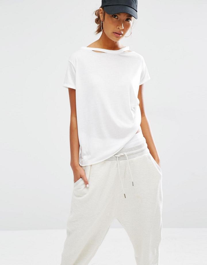 Daisy Street Relaxed T-shirt With Distressed Neck - White