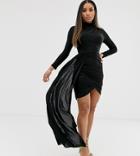 Asos Design Petite Slinky Drape Wrap Mini Dress With Sash Detail-black