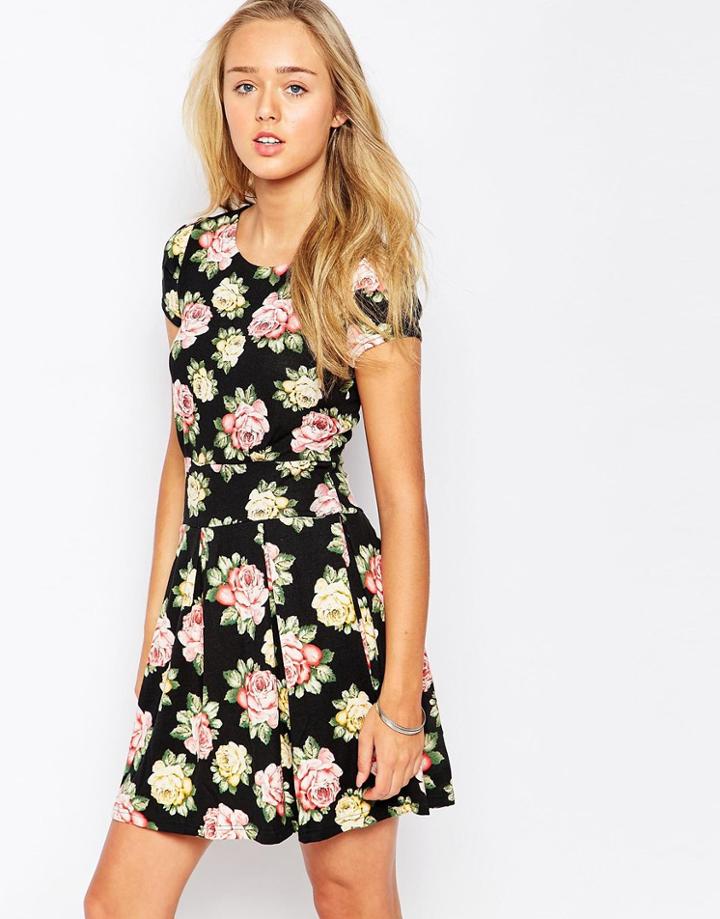 Iska Floral Skater Dress - Black