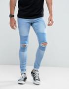 Hoxton Denim Light Wash Extreme Skinny Jeans With Knee Rips And Patch - Blue