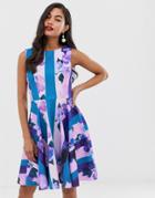 Closet London Scuba Sleeveless Skater Dress In Stripe Floral Print - Multi