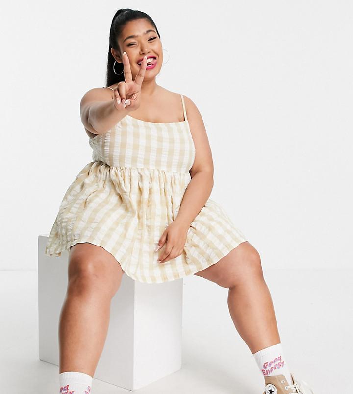 Collusion Plus Gingham Coordinating Smock Cami Top In Beige-neutral