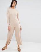 Neon Rose Relaxed Long Sleeve Wide Leg Jumpsuit In Rib - Beige