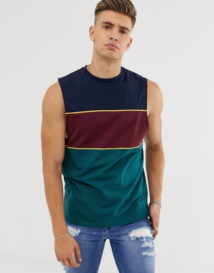 Asos Design Relaxed Sleeveless T-shirt With Dropped Armhole And Color Block - Navy