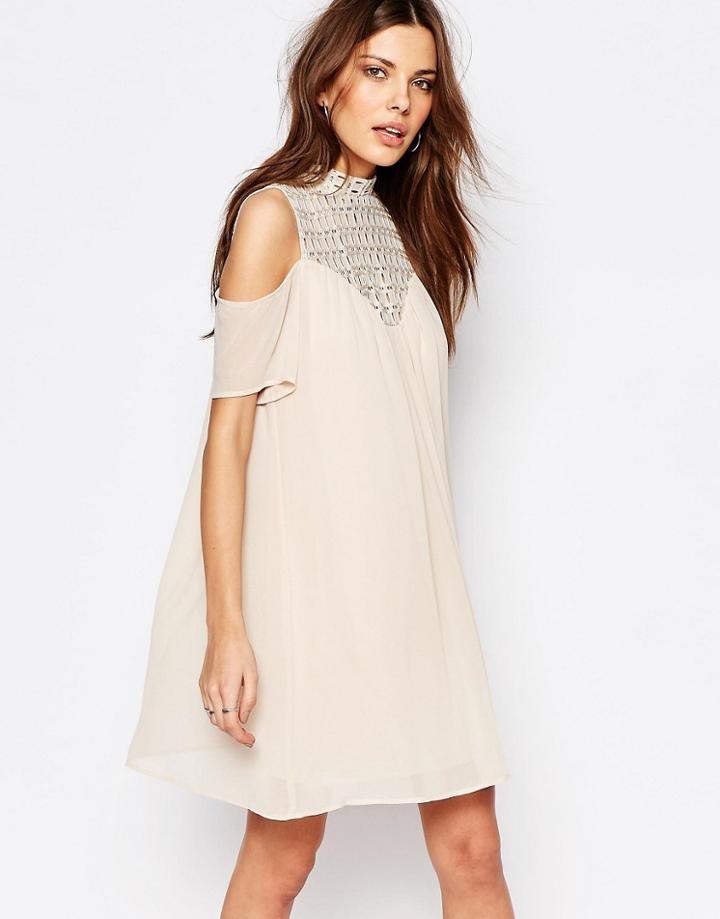 Vila Cold Should Crochet Neck Swing Dress - Pink Tint
