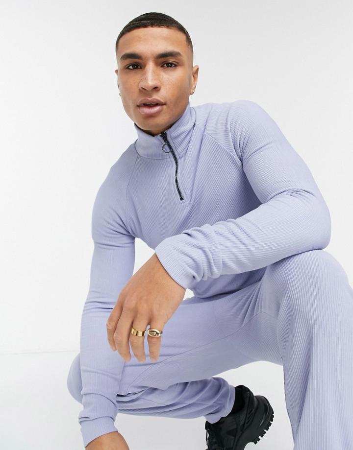 Asos Design Set Muscle Fit Turtle Neck Long Sleeve Ribbed T-shirt In Blue-blues