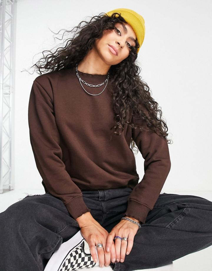 Topshop Petite Frill Neck Sweatshirt In Chocolate-brown