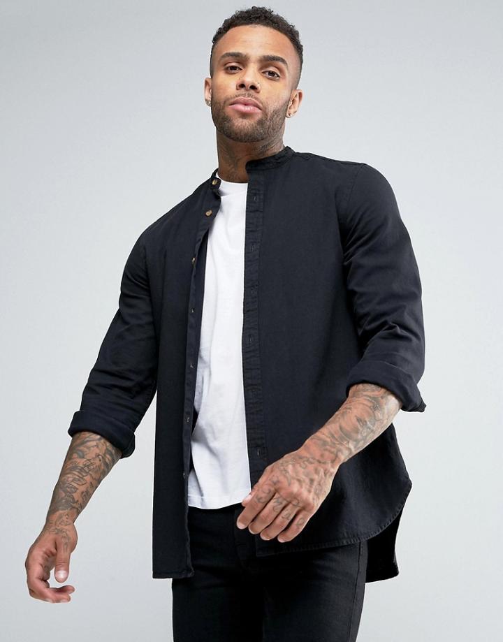 Asos Regular Fit Longline Denim Shirt With Grandad Collar - Black
