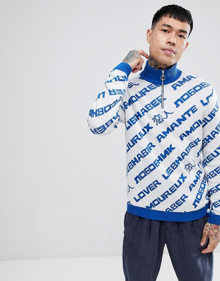 Asos Knitted Half Zip Slogan Sweater In Blue - Blue