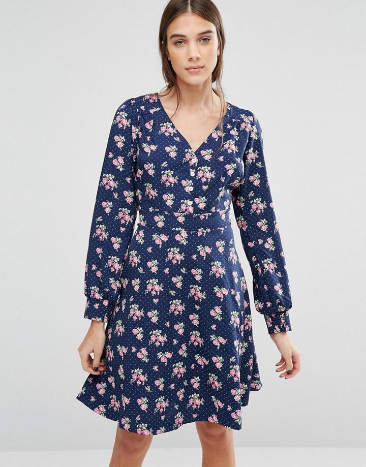 Trollied Dolly Super Swingy 70's Floral Dress - Navy