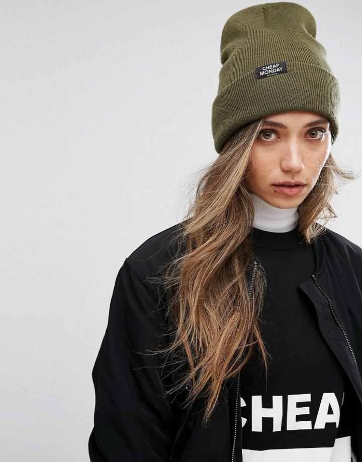 Cheap Monday Logo Tab Beanie In Khaki - Green