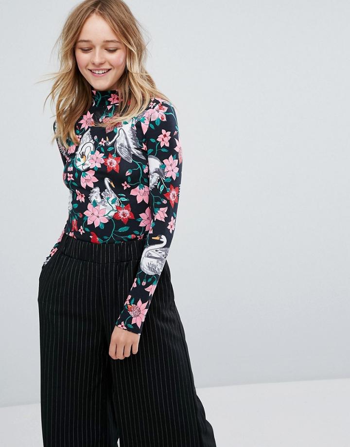 Monki Floral Swan Print Roll Neck Top - Black