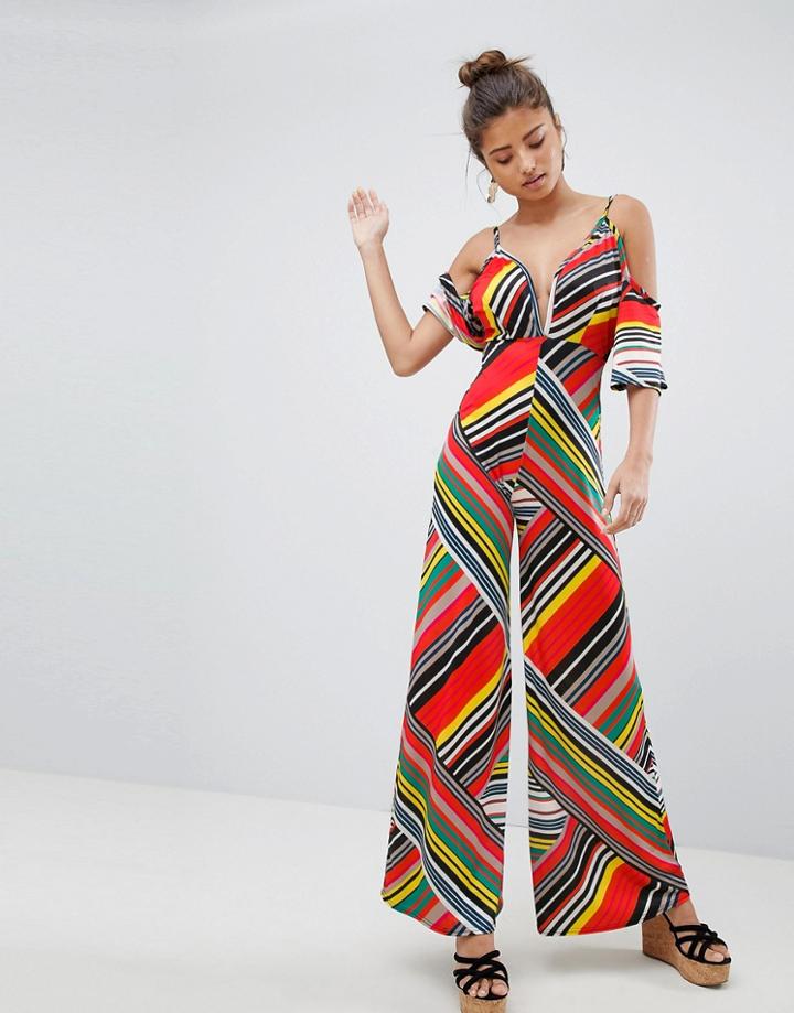 Prettylittlething Stripe Cold Shoulder Jumpsuit - Multi