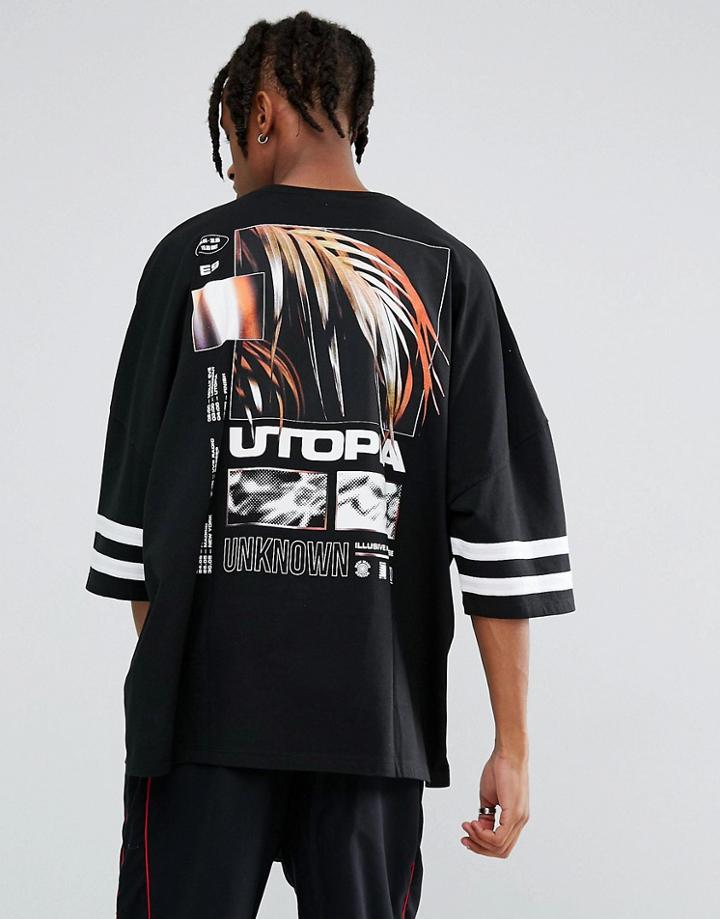 Asos Extreme Oversized T-shirt With Utopia Back Print & Stripe Sleeves - Black