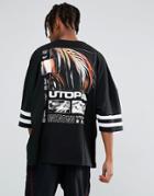Asos Extreme Oversized T-shirt With Utopia Back Print & Stripe Sleeves - Black
