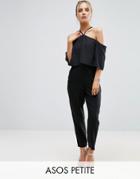 Asos Petite Jumpsuit With Ruffle Bardot And Halter Neck Detail - Black