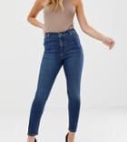 Asos Design Petite Ridley High Waist Skinny Jeans In Mottled Blue Was With Belt Loop Detail - Blue