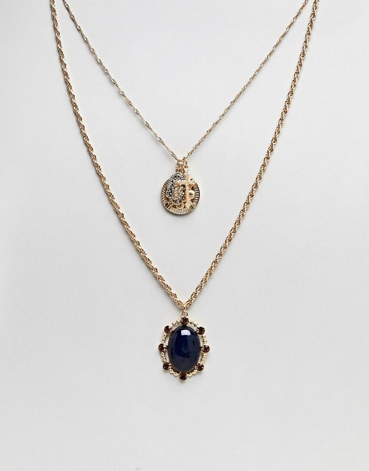 Asos Jewel Stone And Vintage Style Pendant Multirow Necklace - Gold