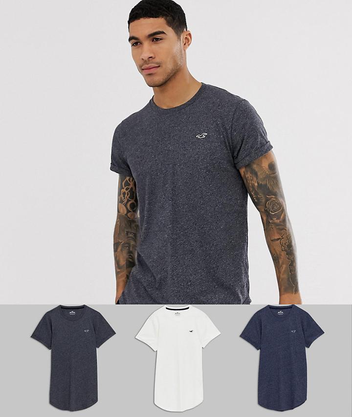 Hollister 3 Pack Curved Hem T-shirt Seagull Logo In White/navy/gray-multi