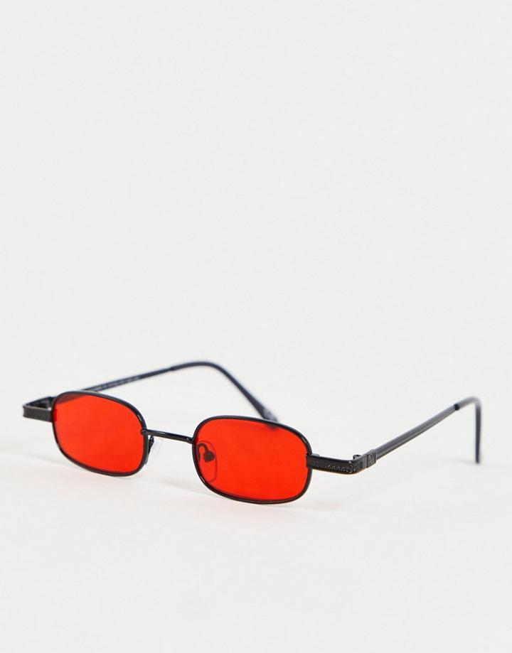 Asos Design Mini Rectangle Glasses With Frame Detail And Red Lens In Black