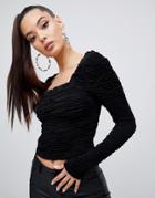 Asos Design Long Sleeve Square Neck Top In Ripple Texture - Black