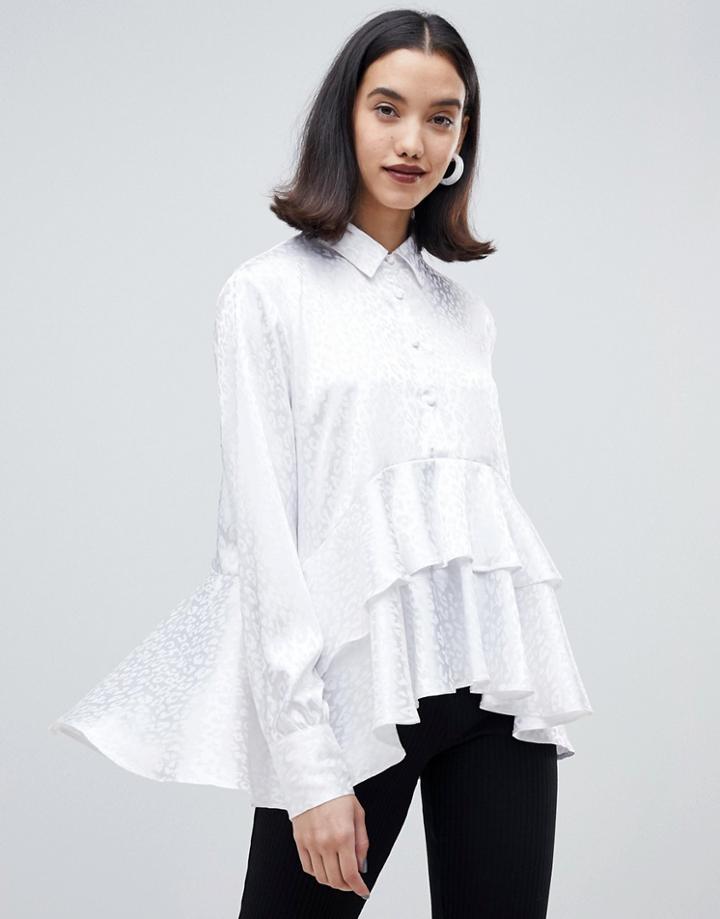 Lost Ink Shirt With Ruffle Layer In Tonal Leopard Print - White