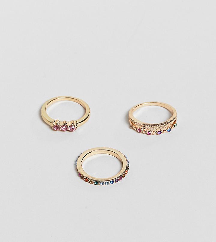 Asos Design Curve Pack Of 3 Rings In Multicolor Crystals In Gold - Gold