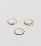 Asos Design Curve Pack Of 3 Rings In Multicolor Crystals In Gold - Gold