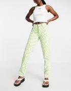 Asos Design Mid Rise '90's' Straight Leg Daisy Print Jean In Green-multi
