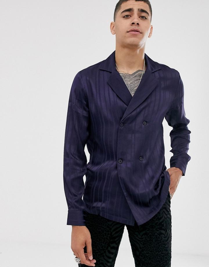 Asos Design Double Breasted Satin Shirt In Navy - Navy