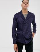 Asos Design Double Breasted Satin Shirt In Navy - Navy