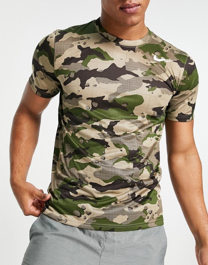 Nike Training Dri-fit Camo Print T-shirt In Khaki-green