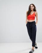 Pull & Bear Peg Pants With Tie Waist In Square Print - Navy