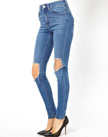Asos Ridley Supersoft High Waist Ultra Skinny Jeans In Busted Blue With Busted Knee