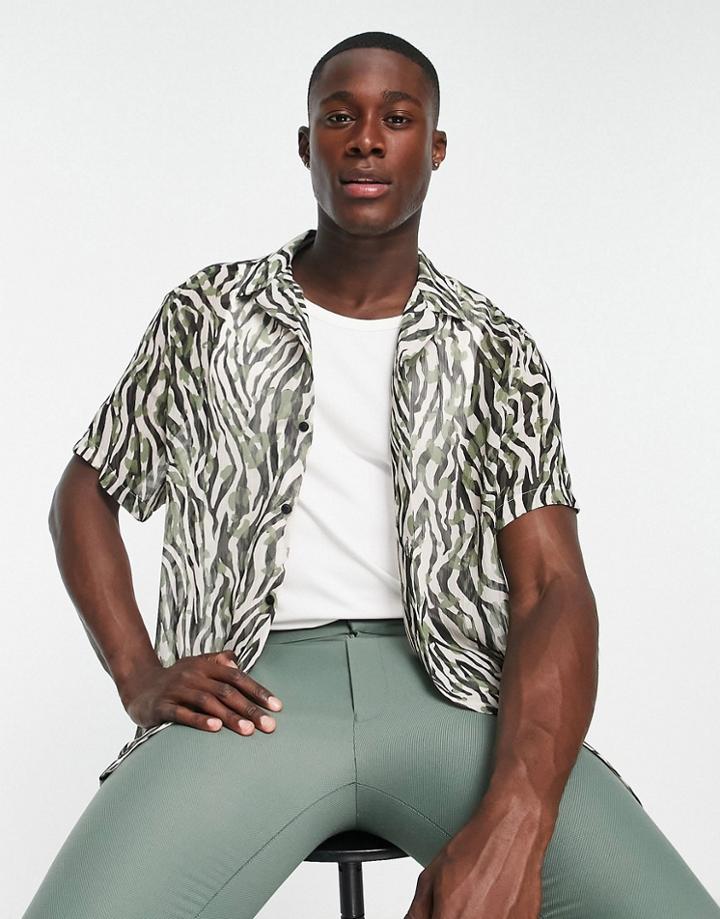 Topman Crinkle Sheer Shirt With Deep Revere In Khaki Zebra Print-multi