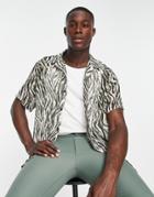 Topman Crinkle Sheer Shirt With Deep Revere In Khaki Zebra Print-multi