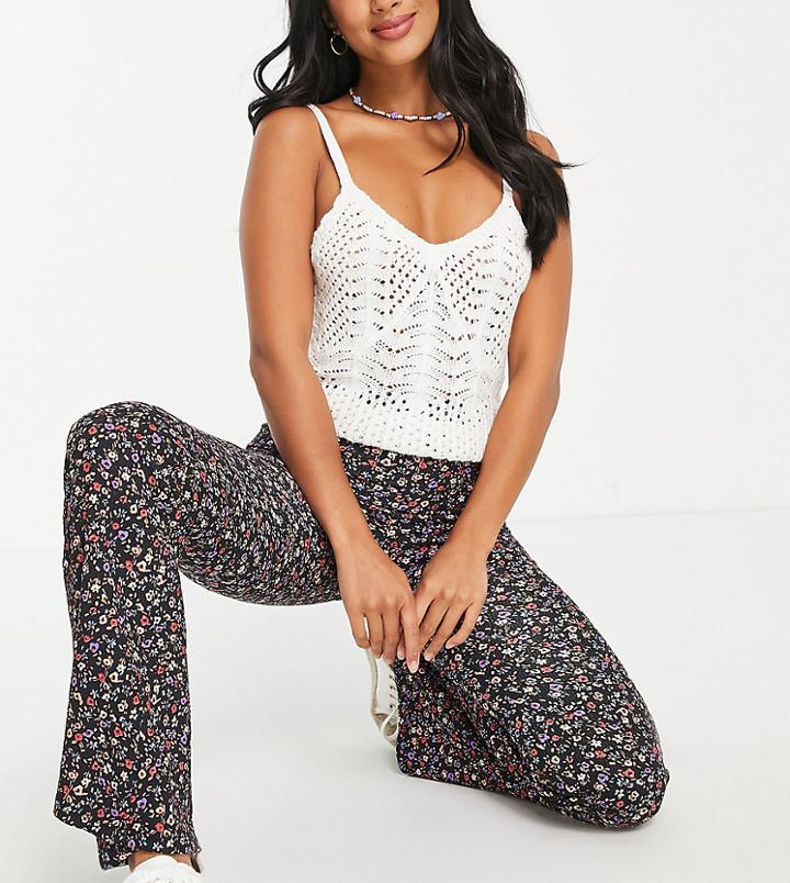New Look Petite Flared Pants In Black Floral Print