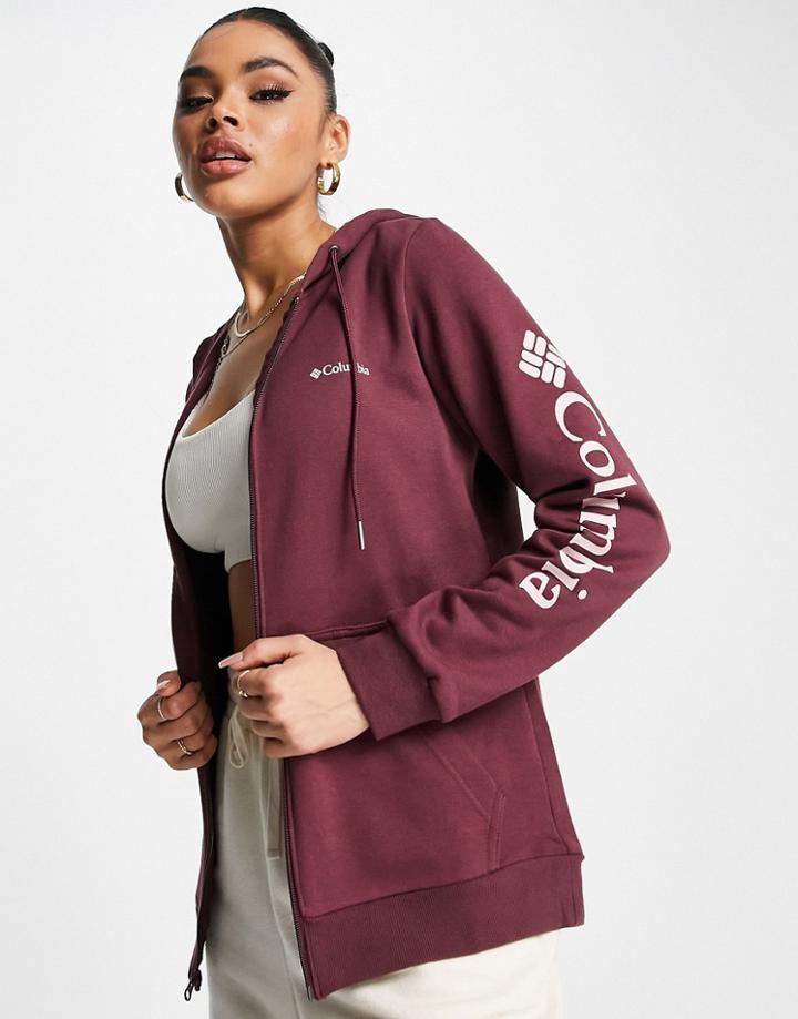 Columbia Logo Full Zip Hoodie In Burgundy-red