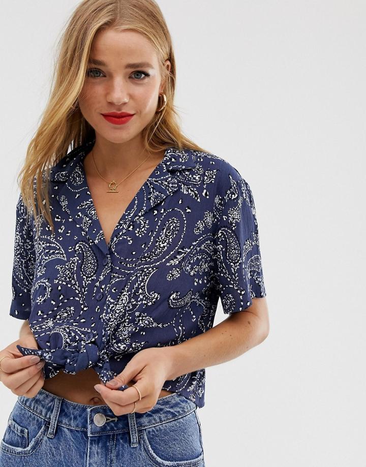 Pull & Bear Paisley Print Tie Front Shirt - Navy