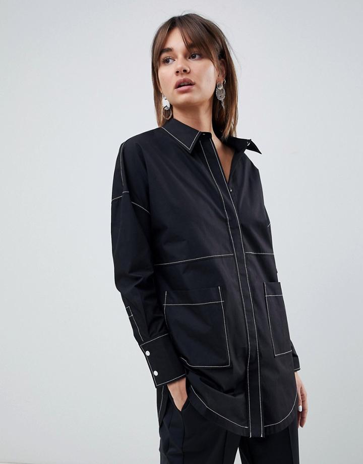 Asos White Oversized Shirt With Contrast Stitching - Black
