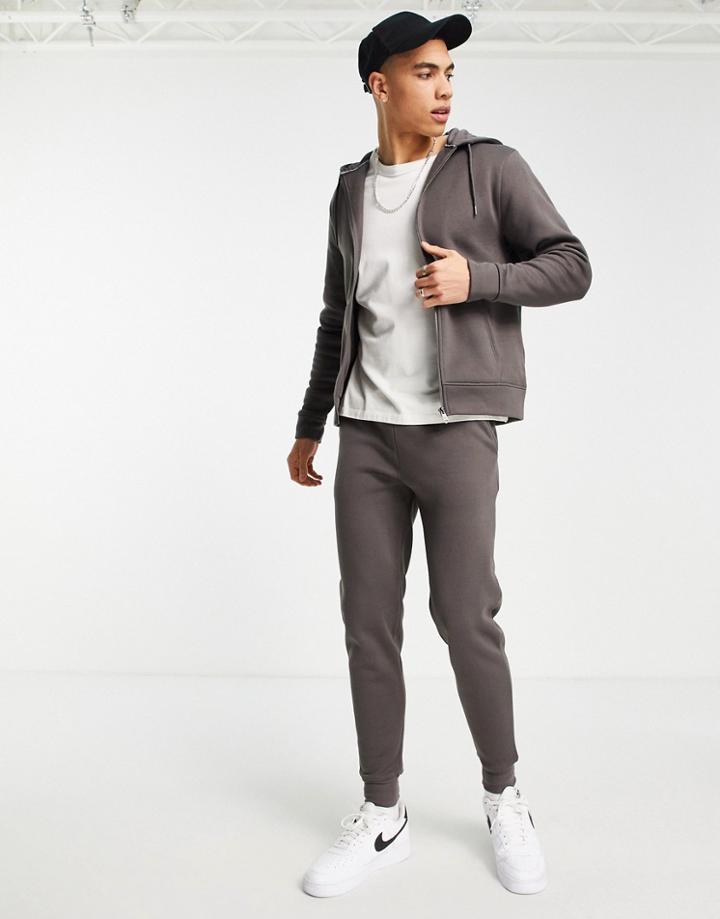 Threadbare Full Zip Hoodie & Sweatpants Tracksuit Set In Light Gray