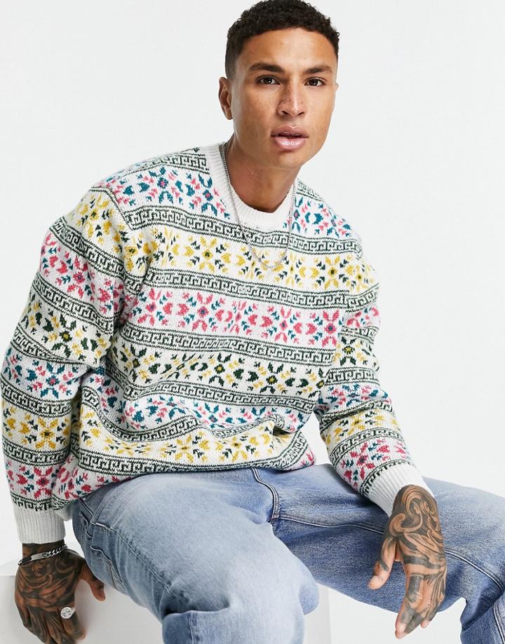 Asos Design Heavyweight Knit Christmas Sweater With Fair Isle Design In Ecru-neutral